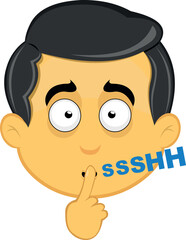 vector illustration yellow emoji character male, asking for silence with the index finger of the hand
