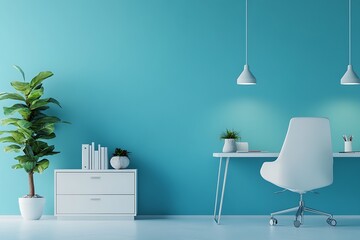 Modern home office interior with a white desk and chair against a blue wall, with ample copy space, suitable for banner design. 