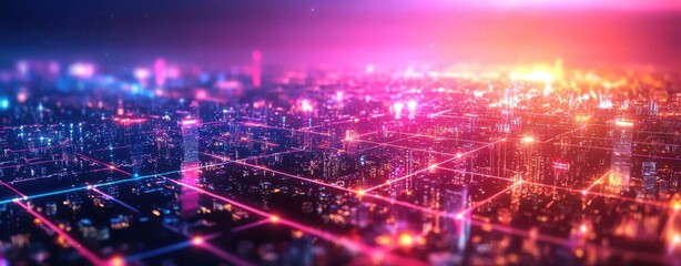 Obraz premium A vibrant, futuristic cityscape illuminated by colorful lights, showcasing a network of glowing pathways and a stunning skyline at twilight.