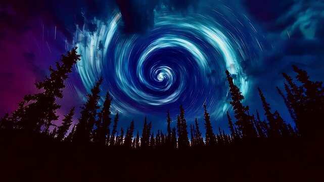 Surreal Cosmic Swirl in the Night Sky Over Forest. Perfect for ambient, cinematic, and space music. Seamless looping time lapse animation video background, lo-fi art.
