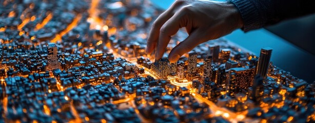 A detailed model city with illuminated buildings, featuring a hand interacting with the miniature landscape, showcasing urban design and creativity.