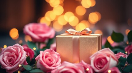 Golden gift box surrounded by pink roses with bokeh lights create a romantic and elegant atmosphere.