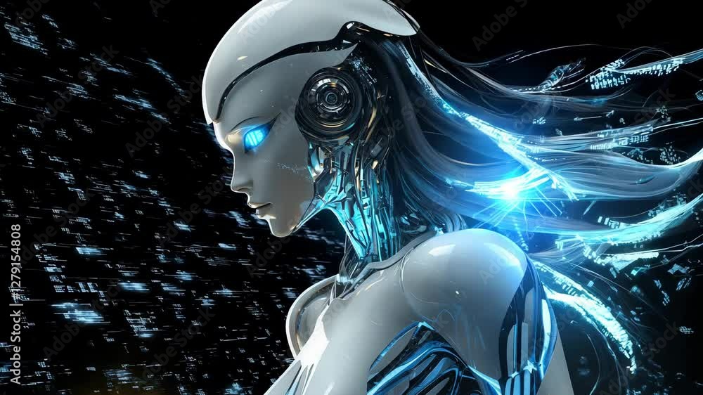 Poster a humanoid robot features advanced technology with glowing blue eyes and circuitry, set against a da