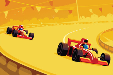 Create a vibrant cartoon illustration of multiple race cars speeding around a sharp turn on a winding track.  Emphasis on dynamic movement and bright colors.