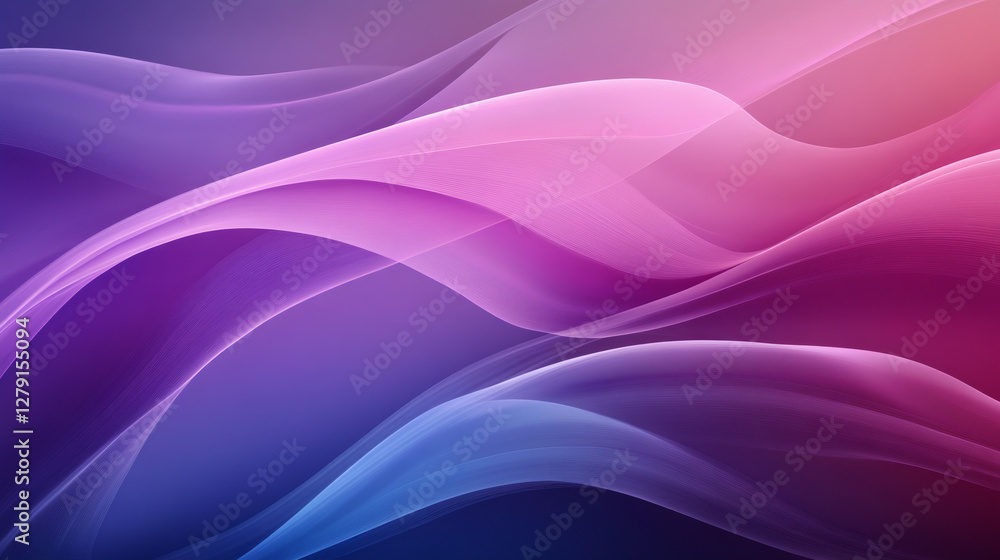 Poster soft pink and blue waves intertwining across gradient backdrop, forming elegant abstract composition
