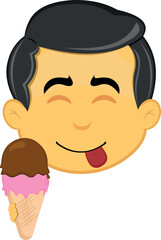 vector illustration yellow emoji character male, with an ice cream wafer cone in his hand and an yummy expression