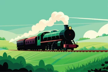 Fotobehang Zeegroen A classic steam locomotive, billowing thick white smoke, traverses a picturesque countryside landscape.  Focus on the steam and the train's details.  © ndomble