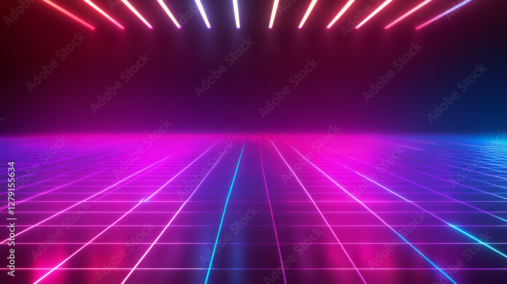 Aufkleber Vibrant neon lights illuminating a futuristic grid floor, creating a captivating scene in a digital world