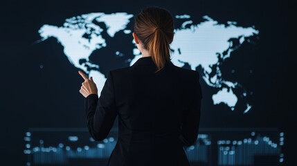 A woman in a suit points at a digital world map, highlighting global data and connectivity in a modern, tech-driven environment.