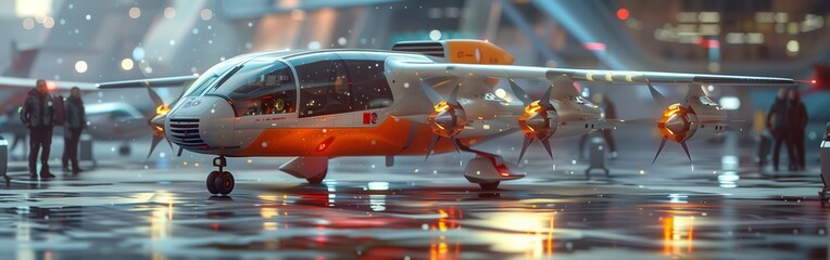 Fototapeta premium Futuristic air taxi ready for takeoff at a bustling urban airport under rainy conditions.