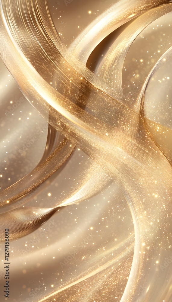 Poster abstract flowing golden ribbons with sparkling particles create a magical scene