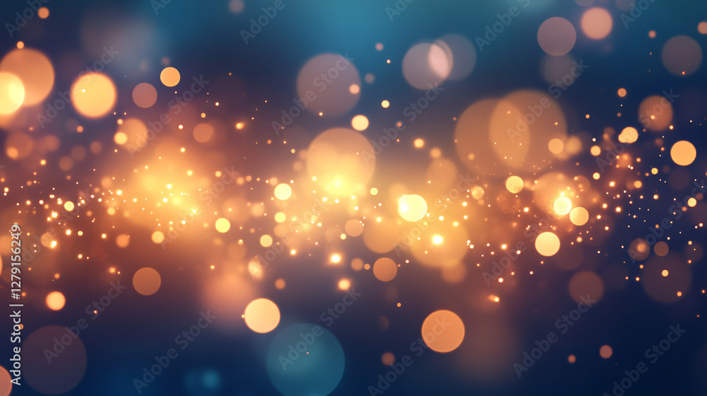 Aufkleber Abstract background with golden particles floating and glowing over a dark blue backdrop, creating a magical and festive atmosphere