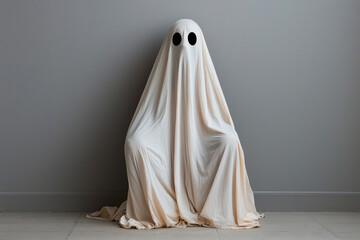 ghostly figure draped in white sheet sits quietly against gray wall, evoking feelings of mystery and introspection