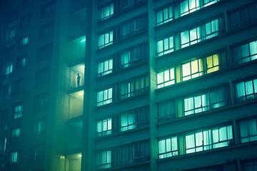 Obraz premium Dystopian apartment block illuminated at night with a lone figure standing on the balcony