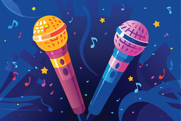 Vibrant, colorful karaoke microphones clustered together, surrounded by musical notes and instruments.  A fun, celebratory music-themed composition.
