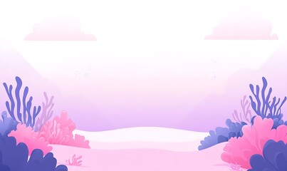 Cute cartoon-style image depicting an underwater world with coral reefs, vibrant colors, and playful marine life.
