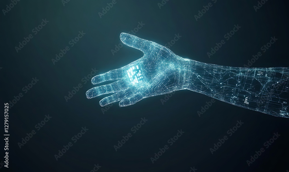 Aufkleber Futuristic image of a cybernetic arm displaying holographic bio-data user interface.
