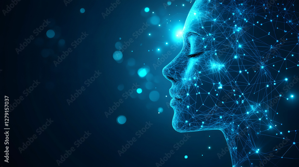 Poster polygonal woman face with glowing dots and lines representing artificial intelligence, machine learn