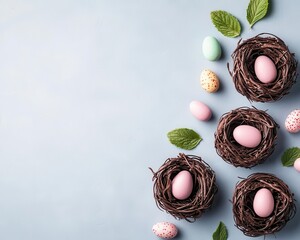 Mini chocolate nests with hazelnut filling and pastel candy eggs