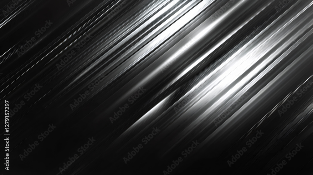 Poster Black and white abstract background with glowing diagonal lines creating speed and motion effect, ideal for websites, presentations or advertising