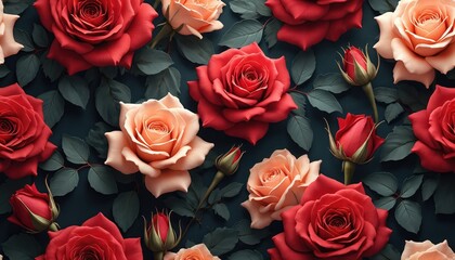 Naklejka premium Silk seamless pattern of red and peach rose wallpaper. Abstract floral background for gift wrapping paper, fabric design. Visual illustration with rosebuds, vinous and maroon flowers.