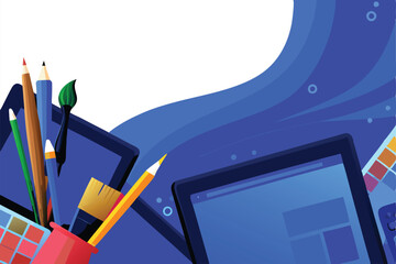 Vibrant, colorful artist's workspace overflowing with paintbrushes, paints, canvases, and other art supplies.  A creative and inspiring scene.