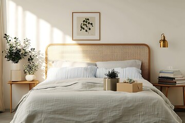 there is a bed with a white comforter and a plant on it