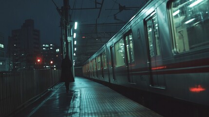 Fototapeta premium Night train arriving at platform, lone figure waits.