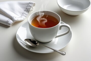 Elegant White Teacup with Hot Steaming Tea on Lace Tablecloth – Cozy Beverage Moment
