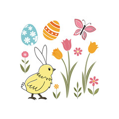 Set of Easter design elements. Eggs, chicken, butterfly, rabbit, tulips vector art and illustration