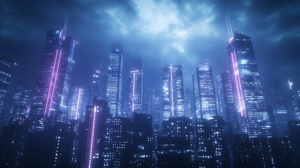 Fototapeta premium Vibrant cyberpunk cityscape at night featuring glowing neon skyscrapers.