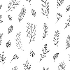Seamless vector pattern of graphic  floral and herbal elements. Background for greeting card, website, printing on fabric, gift wrap, postcard and wallpapers. 