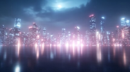 Obraz premium A vibrant night cityscape featuring glowing neon skyscrapers in a cyberpunk style.