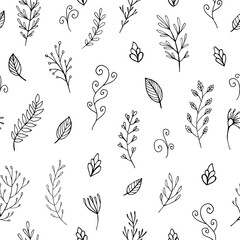 Seamless vector pattern of graphic  floral and herbal elements. Background for greeting card, website, printing on fabric, gift wrap, postcard and wallpapers. 