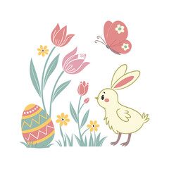 Set of Easter design elements. Eggs, chicken, butterfly, rabbit, tulips vector art and illustration