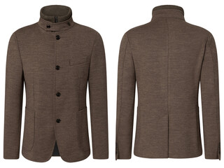 Portrait of men's suit jacket ( blazer ) isolated in white background, invisible ghost mannequin. Fashion industry high-quality studio shot photography. Front and back view.