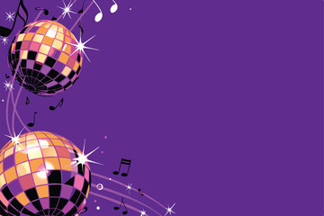 Vibrant illustration of funky disco balls and sparkling musical notes against a bold, colorful background.  Details should be sharp and visually striking.