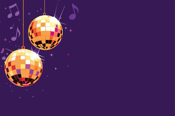 Vibrant, psychedelic illustration of funky disco balls and sparkling musical notes on a dazzling, colorful background.