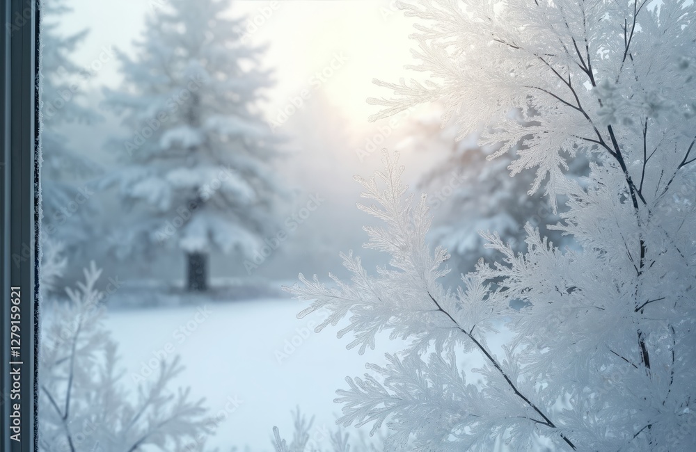 Poster winter landscape through frozen window with ice patterns. blurred snow background with trees covered