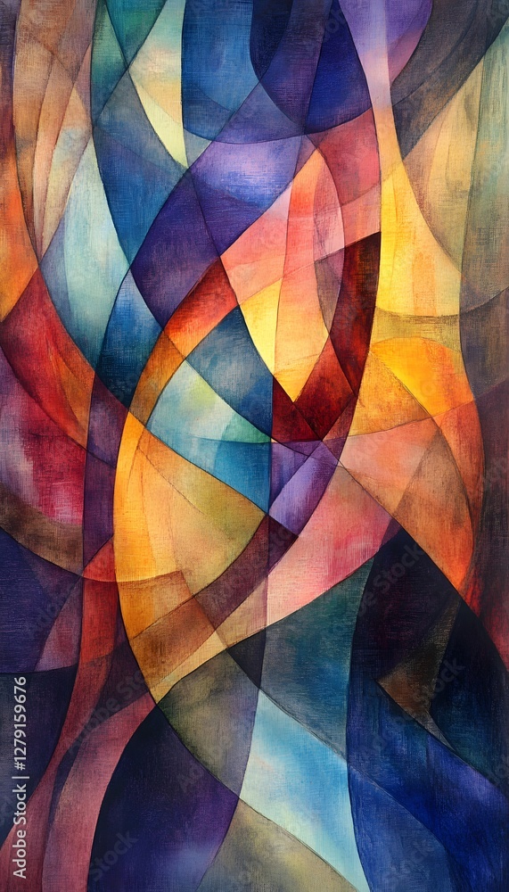 Poster an abstract painting presents a composition of multicolored intersecting shapes