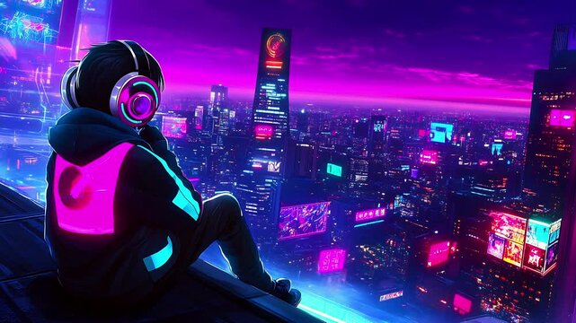 Cyberpunk Cityscape with a Hooded Figure Listening to Music. Perfect for synthwave, vaporwave, and chillwave music. Seamless looping time lapse animation video background, lo-fi art.
