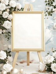 there is a easel with a picture frame and flowers on it