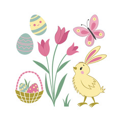 Set of Easter design elements. Eggs, chicken, butterfly, rabbit, tulips vector art and illustration