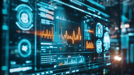 Obraz premium Futuristic display screen showing data analytics, with graphs, charts, and visual representations of information, illuminated with vibrant neon hues.