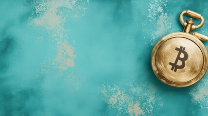 A golden pocket watch with a Bitcoin symbol rests on a turquoise background, blending traditional timekeeping with modern cryptocurrency themes.