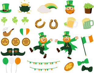 Patrick's Day Leprechaun with Green Hat, Shamrock, Gold Coins, and Irish Beer Cartoon Illustration