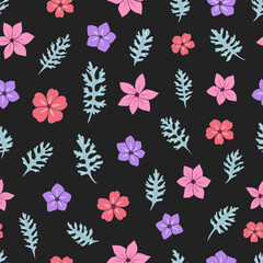 Seamless vector pattern of flowers and leaves. Background for greeting card, website, printing on fabric, gift wrap, postcard and wallpapers.  Phlox flowers. cherry blossoms.