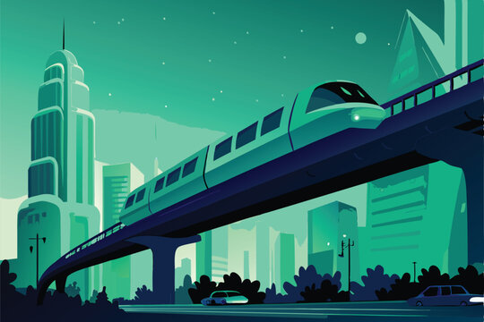 Illustrate a sleek, futuristic monorail speeding through a neon-lit cityscape at night.  Show vibrant details & advanced technology.