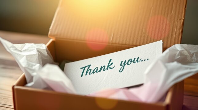 A thank you card inside of a package filled with tissue paper sits on top of a wooden surface.
