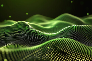 Abstract green digital landscape with pulsating waves and dots, creating mesmerizing visual effect. This evokes sense of depth and movement in futuristic setting